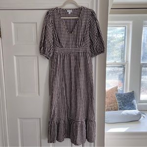 Brown and white gingham midi dress with sleeves
